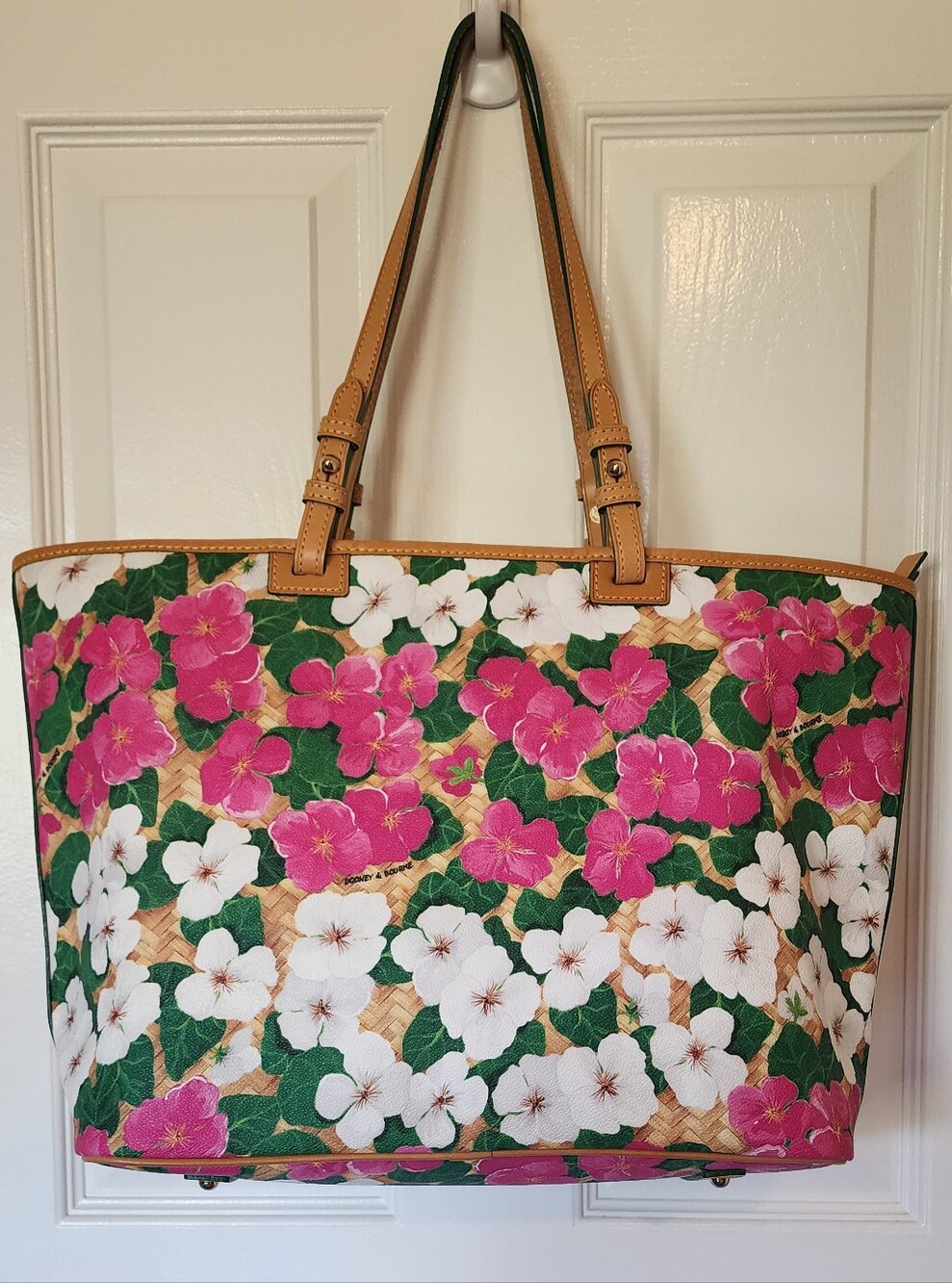 DOONEY & BOURKE NEW Coated Cotton Pansy Shopper Tan Leather Straps - Picture 2 of 15